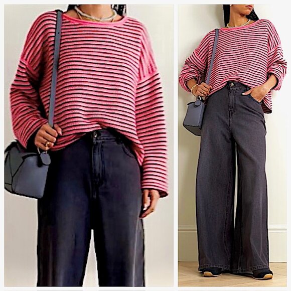 NWT Lisa Yang Avery Striped Cashmere Sweater in Pink/ Burgundy - Picture 1 of 12